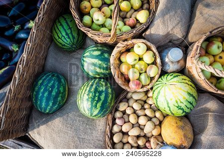 Top View Of Fresh Vegetables Lying On The Fabric