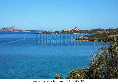 a panoramic view of La Maddalena, Santo Stefano and Caprera islands, in the Strait of Bonifacio, from Palau, in Sardinia, Italy