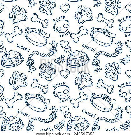 Dogs Stuff Outline White Icons, Vector Seamless Pattern With A Transparent Background