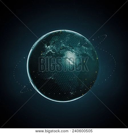 3d Render Of Planet Earth As Digital Image On Dark Background. Blockchain Clobal Crypto Currency Big