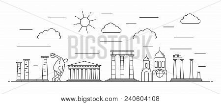 Greece Panorama. Greece Vector Illustration In Outline Style With Buildings And History Architecture