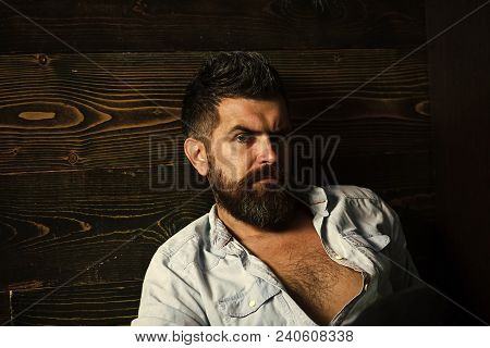 Serious Hipster In Barbershop, Look. Haircut Of Bearded Man, Archaism. Fashion And Male Beauty Of Gr