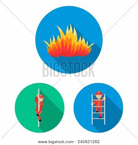 Fire Department Flat Icons In Set Collection For Design. Firefighters And Equipment Vector Symbol St