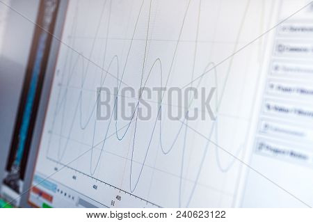 Measuring Instrument Screen. Two Black Sine Wave Is Displayed On The White Screen.