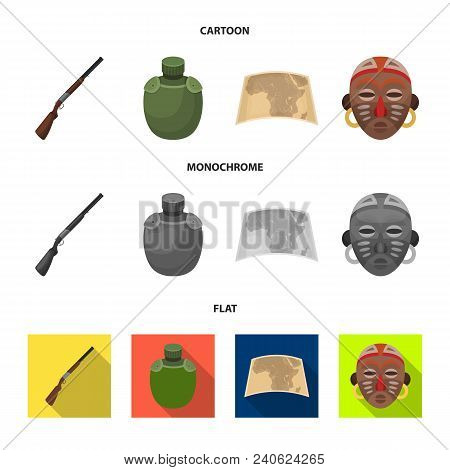 Hunting Rifle, Flask In The Case, Map, African Mask. African Safari Set Collection Icons In Cartoon,