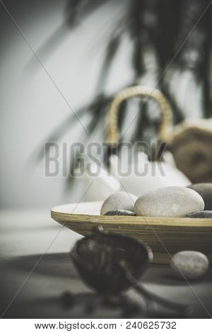 Tea Set And Spa Settings On Concrete Background. Natural Spa Treatment And Relaxation Concept