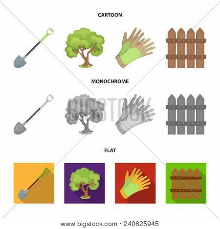 A Shovel With A Handle, A Tree In The Garden, Gloves For Working On A Farm, A Wooden Fence. Farm And