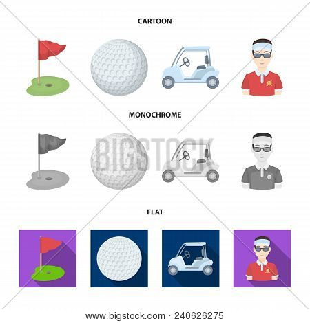 Field With A Hole And A Flag, A Golf Ball, A Golfer, An Electric Golf Cart.golf Club Set Collection 