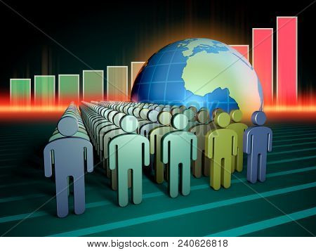 Growing human population and Earth. 3D illustration.