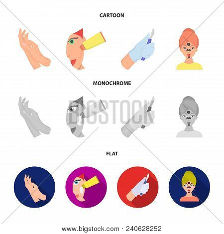 Hand Moisturizing, Scalpel Surgeon Mask On Face, Cream On Face. Skin Are Set Collection Icons In Car