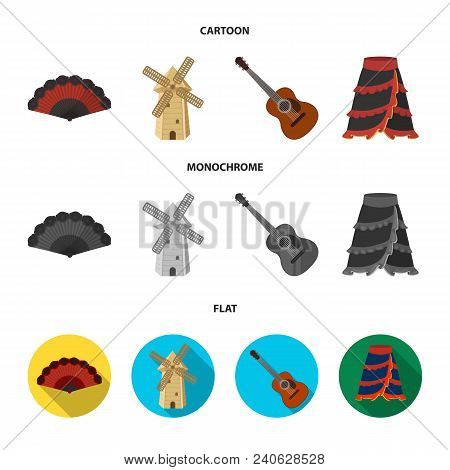 Fan Spanish, Mill, Guitar, Skirt For National Spanish Dances. Spain Country Set Collection Icons In 