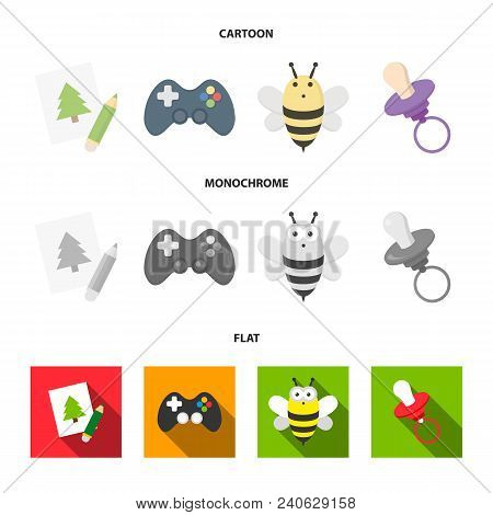 Picture, Dzhostik, Bee, Nipple.toys Set Collection Icons In Cartoon, Flat, Monochrome Style Vector S