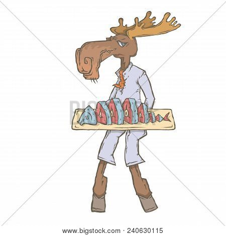 Isolated Image Of The Character Of The Animal Cook. National Cuisine. Gastronomy. Elk, Scandinavia, 
