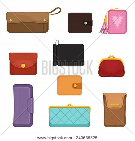 Collection Of Stylish Wallets. Pocket-sized Holder For Money And Plastic Cards. Small Women Bag To C