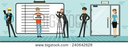 Policemen At Work, Suspected Man Posing For Mugshot Holding Signboard, Police Department Interior Ve