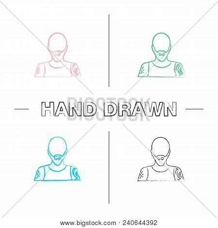 Tattoo Artist Hand Drawn Icons Set. Color Brush Stroke. Tattooist. Man With Tattooed Body. Isolated 