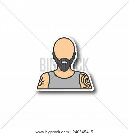 Tattoo Artist Patch. Tattooist. Man With Tattooed Body. Color Sticker. Vector Isolated Illustration