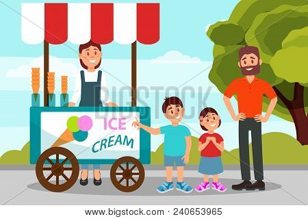 Cute Little Kids Asking His Father To Buy Ice Cream. Dad Spending Time With His Daughter And Son In 