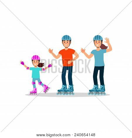 Little Girl With Her Parents Riding Roller Skate. Family Leisure. Outdoor Activity. Cartoon Characte