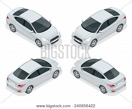 Isometric Set Of Sedan Cars. Compact Hybrid Vehicle. Eco-friendly Hi-tech Auto. Isolated Car, Templa