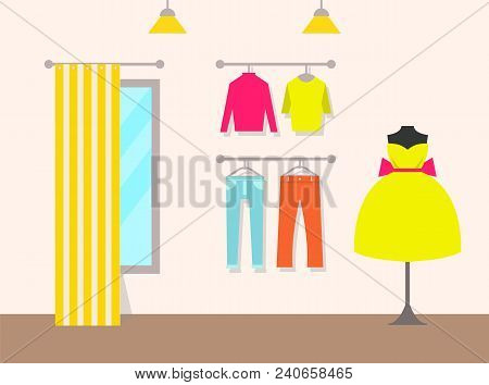 Clothing Store And Products, Sweater And Pants, Curtains And Mirror, Lamps And Dress On Mannequin, I