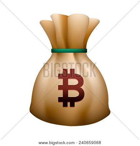 Money Bag Vector Icon, Moneybag With Drawstring And Bitcoin Sign Isolated On White Background, Vecto