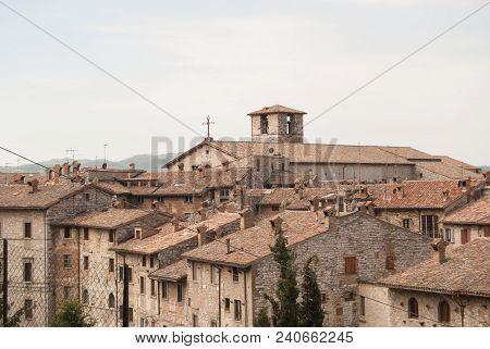 Part Of Medieval City With Storical Stones Constructions And Little Church From The Top Of Gubbio
