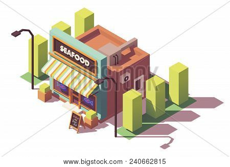 Vector Isometric Fish And Seafood Shop Or Fish Market Building Neon Signs And Awnings