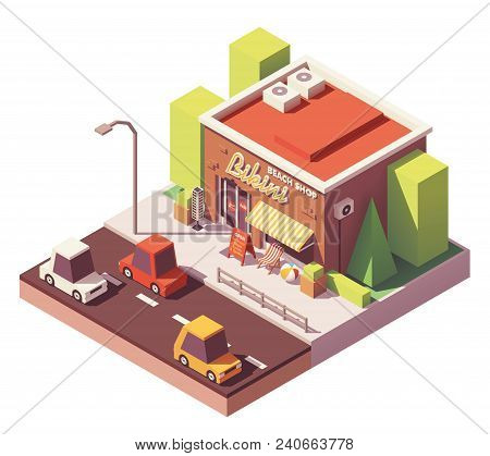 Vector Isometric Beach Equipment Shop Building With Signboard, Sunglasses Display Stand, Deckchair A