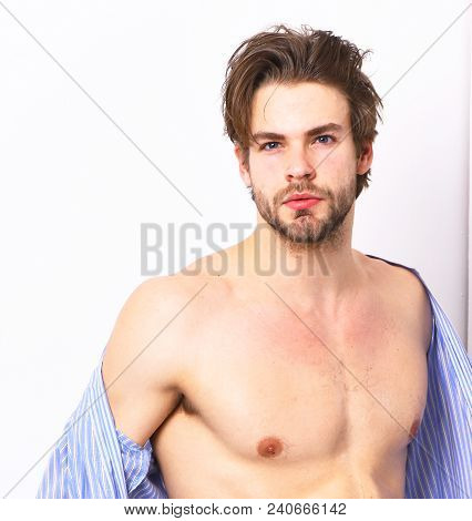 Fit Guy With Sexy Body In Home Or Bath Clothes. Masculinity, Spa And Morning Concept. Man With Beard