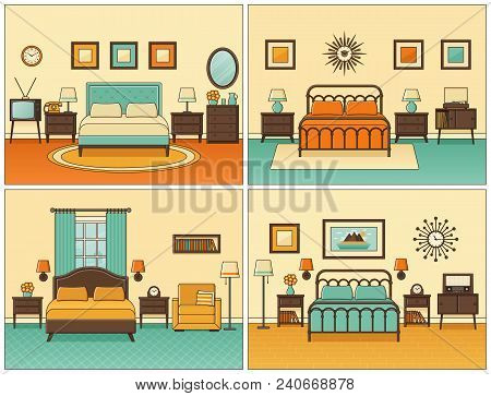 Bedroom Interior. Hotel Rooms With Double Bed. Vector. Linear Flat Design Illustration. Retro House 
