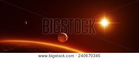2d Science fiction illustration with alien planet, moons and a red dwarf sun. Planet in the foreground has lights of cities of a civilization visible under the clouds.
