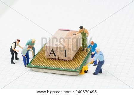 Ai Or Artificial Intelligence Concept, Miniature People Figure, Workers, Engineers Building Or Movin