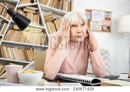Too Much Information. Tired Mature Woman Massaging Temples While Studying