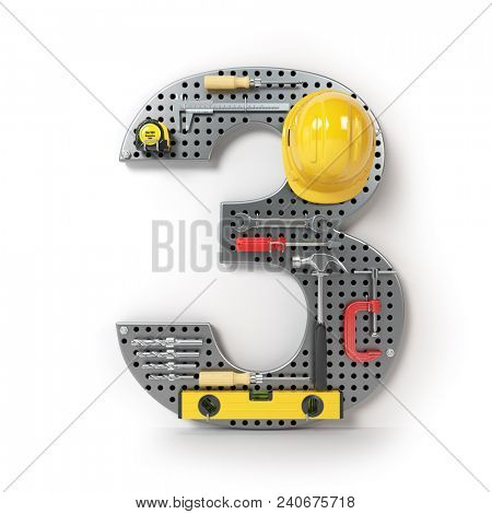 Number 3 three. Alphabet from the tools on the metal pegboard isolated on white.  3d illustration