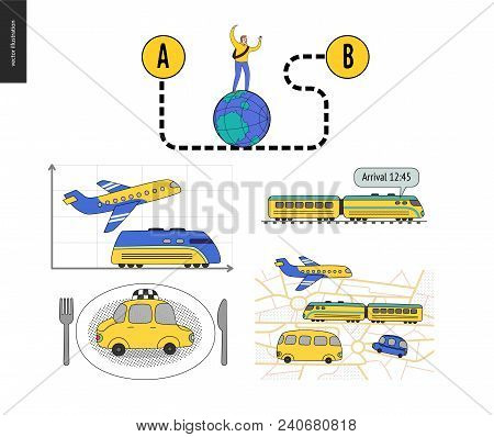 From Point A To Point B Set Of Transportation Planning Concept - Airplane, Train Timetable Graphics,