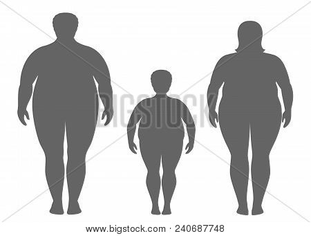 Silhouettes Of Fat Man, Woman And Child. Obese Family Vector Illustration. Unhealthy Lifestyle Conce