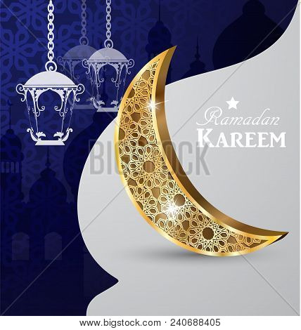 Ramadan Greetings Gold Moon On A Dark Background With Paper Ornament And Maroccan Lanterns