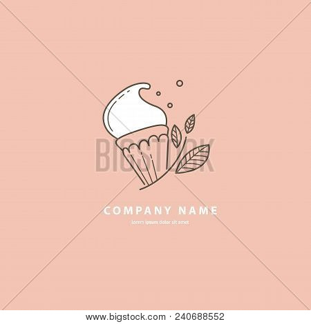 Illustration Design Of Monoline Logotype Candy Store. Vector Icon Sweet Cake.