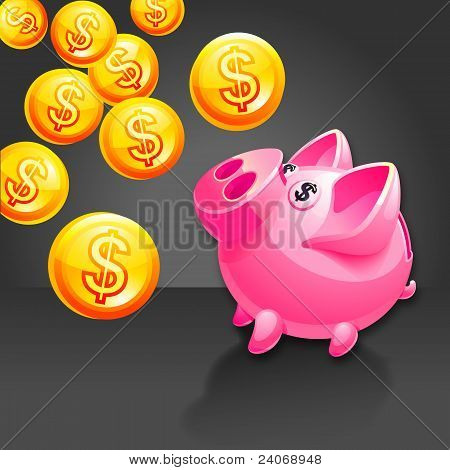 Piggy Bank Illustration. Vector Icon. Pink. Black Background.