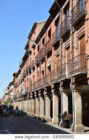 Precious Arcad Of The Middle Ages In The Main Street Of Alcala De Henares. Architecture Travel Histo