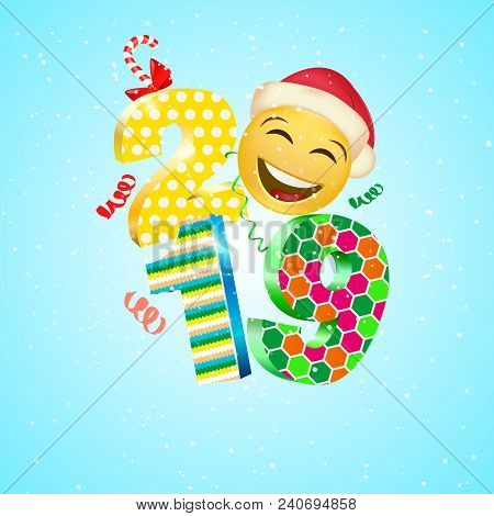 Happy 2019 New Year's Card. A Cheerful Yellow Face Laughs And Congratulates On The Holiday. Bright 3