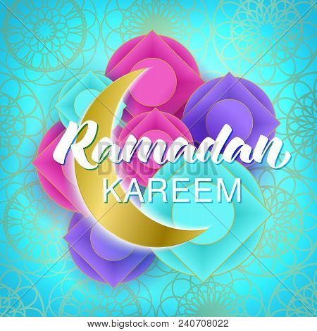 Ramadan Kareem Islamic Banner With Golden Moon And Arabic Circle Pattern. Greeting Card For Ramadan 