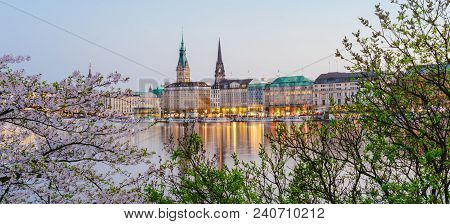 Beautiful Panoramic View Of Alster River And Hamburg Town Hall - Rathaus At Spring Earning Evening D