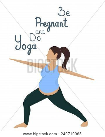Pregnant Girl Engaged Yoga. Vector Image. White Background.