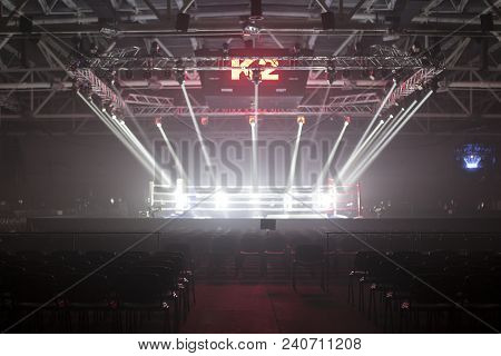 Brovary, Ukraine, 14.11.2015 Empty Boxing Ring In The Light Of Searchlights, Around It The Empty Sea