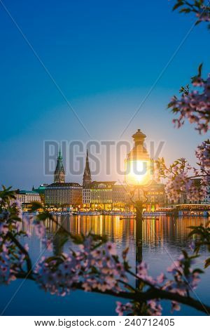 Burn Lantern Between Branches Of Cherry Blossom Flowers On Calm And Beautiful Alster River And Hambu