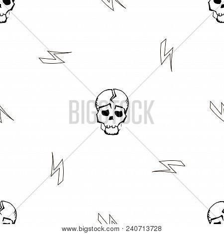 Vector Seamless Pattern With Skull And Lightning Bolts.