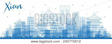 Outline Xian City Skyline with Blue Buildings. Business Travel and Tourism Concept with Historic Architecture. Xian China Cityscape with Landmarks.