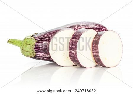 One Striped Purple Eggplant Three Ring Slices Isolated On White Background